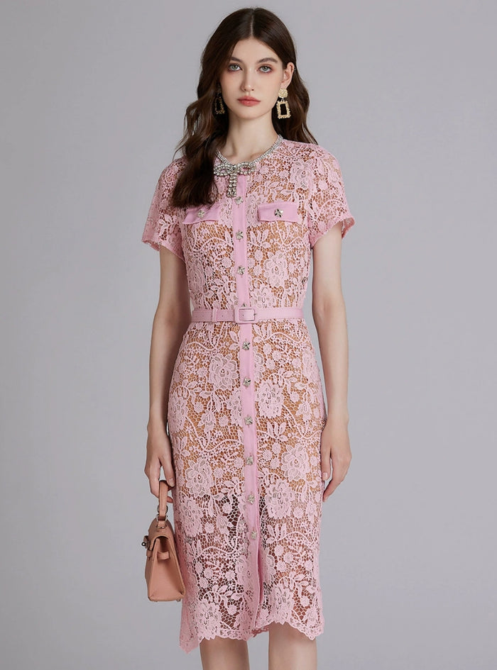 Heavy Lace Rhinestone Round Neck Dress