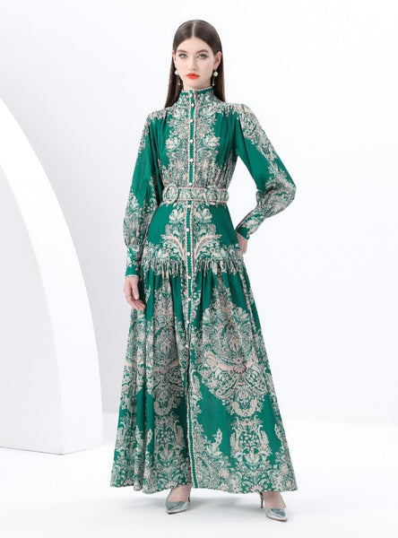 Palace Lantern Sleeve Button Print Dress