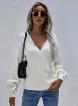 Cross V-neck Solid Color Pullover Loose Sweater