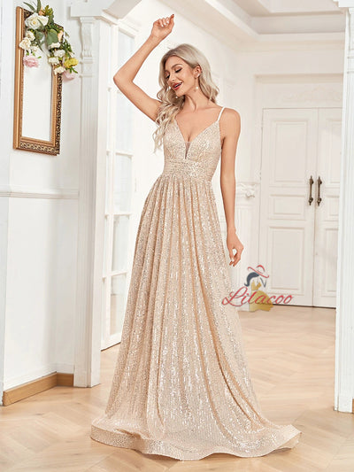 Deep V-neck Sequins Straps Prom Dress