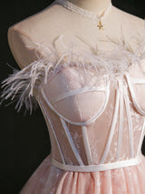 Pink Tulle Lace Feather Strapless Homecoming Dress