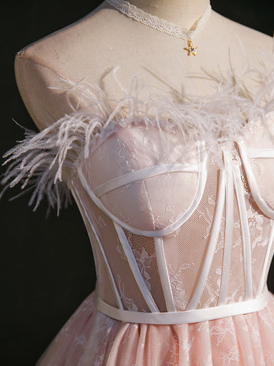 Pink Tulle Lace Feather Strapless Homecoming Dress