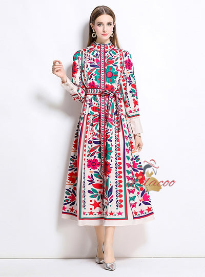 Retro Lapel Print Slim Long Sleeve Dress
