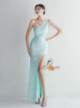 One Shoulder Sequins Beading Split Prom Dress