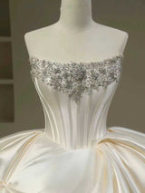 Ivory Satin Strapless Beading Wedding Dress With Long Train