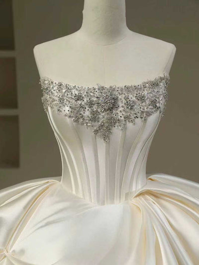 Ivory Satin Strapless Beading Wedding Dress With Long Train