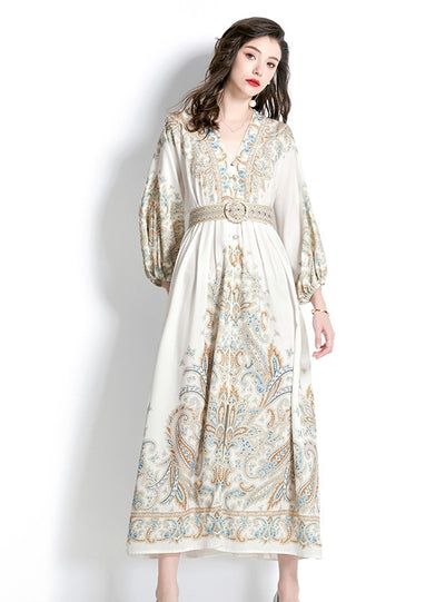 Retro Palace Style V-neck Lantern Sleeve Printed Dress