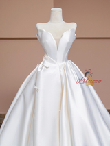 Simple Ivory White Satin Strapless Bow Wedding Dress