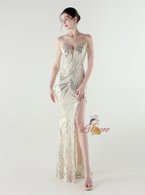 Mermaid Spaghetti Straps Sequins Split Beading Prom Dress