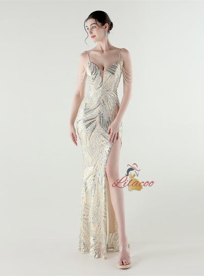 Mermaid Spaghetti Straps Sequins Split Beading Prom Dress