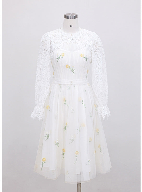 Round Neck Flared Sleeve Lace Sling Dress