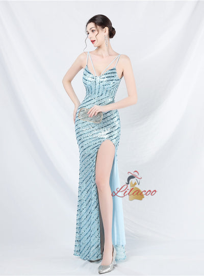 Mermaid Sequins Spaghetti Straps Split Prom Dress
