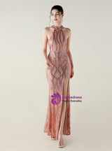 Halter Mermaid Sequins Backless Prom Dress