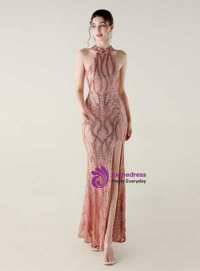 Halter Mermaid Sequins Backless Prom Dress