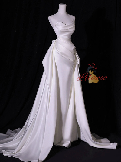 White Mermaid Satin Pleats Strapless Wedding Dress