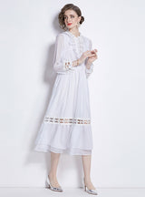 Lapel Lantern Long Sleeve Wooden Ear Hollow Dress