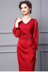 Red V-neck Long Sleeve Mother Of The Bride Dress