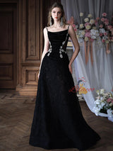 Black Lace Velvet Straps Crystal Prom Dress
