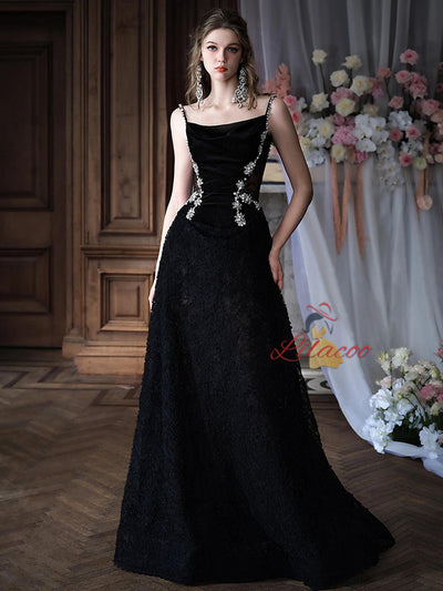 Black Lace Velvet Straps Crystal Prom Dress