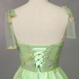 Green Tulle Embroidery Pleats Prom Dress