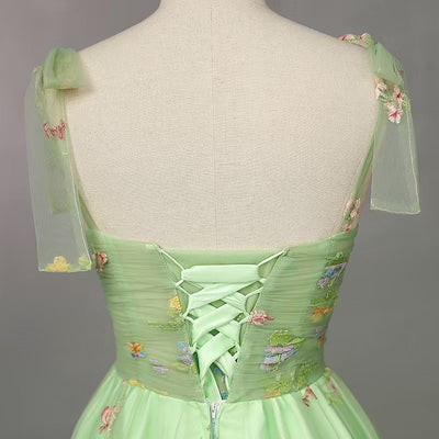Green Tulle Embroidery Pleats Prom Dress