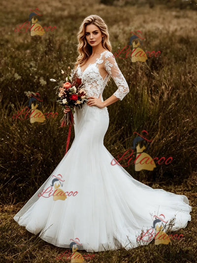 White Mermaid Tulle Appliques Short Sleeve Wedding Dress