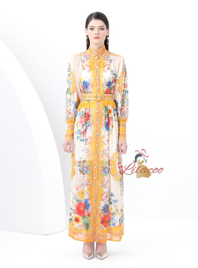 Lantern Sleeve Retro Print Dress