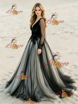 Black Long Sleeve Appliques Wedding Dress