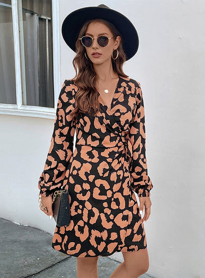 Leopard Print V-neck Long Sleeve Dress