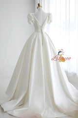 White Satin Puff Sleeve Backless Wedding Dress