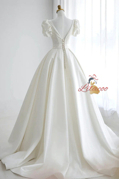 White Satin Puff Sleeve Backless Wedding Dress
