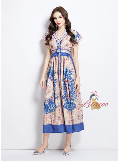 Retro Printed Breasted Slim Dress