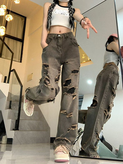 Retro Hole Loose Straight Jeans