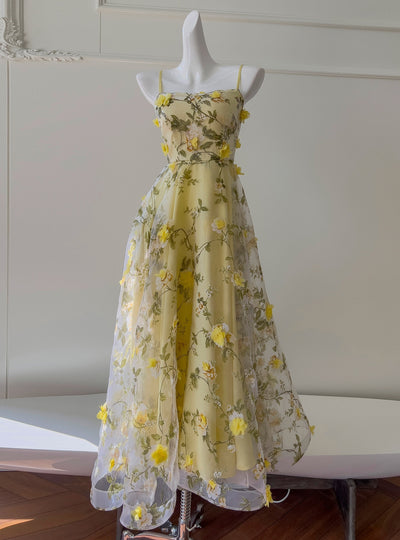 Yellow Tulle Print 3D Flower Prom Dress