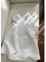 White Spaghetti Straps Pearls Prom Dress