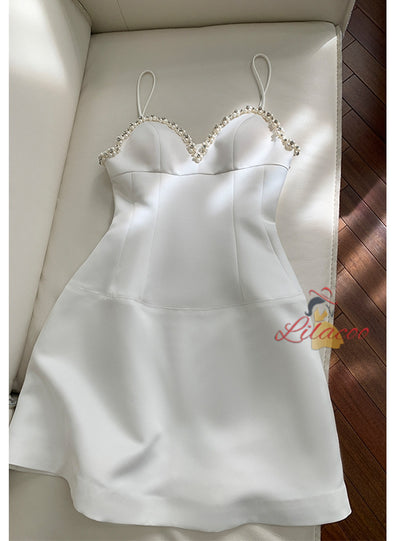 White Spaghetti Straps Pearls Prom Dress