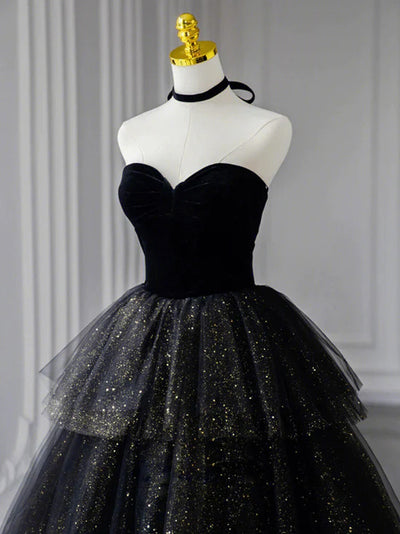 Black Tulle Sequins Velvet Prom Dress