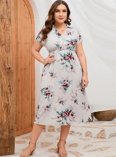 Shirt Collar Print Short Sleeve Slit Dress