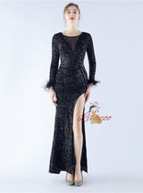 Long Sleeve Mermaid Sequins Split Prom Dress