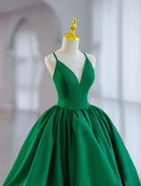 Green Satin Spaghetti Straps Prom Dress