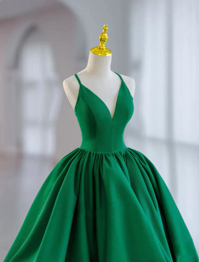 Green Satin Spaghetti Straps Prom Dress