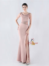 Scoop Neck Beading Split Prom Dress