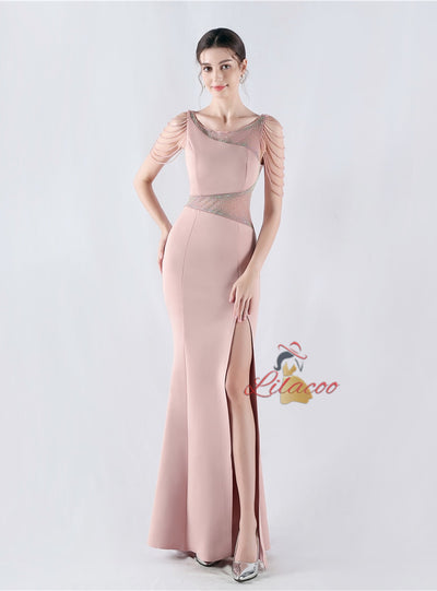 Scoop Neck Beading Split Prom Dress