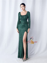 Long Sleeve Sequins Split Prom Dress