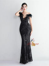 Mermaid Sequins Off the Shoulder Feather Prom Dress