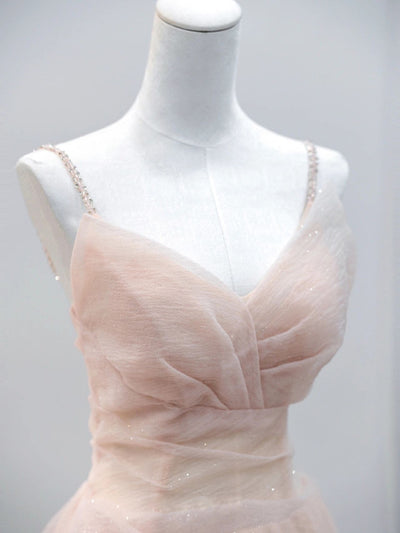 Pink Tulle Pleats Straps Beading Prom Dress