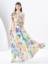 Irregular Diagonal Shoulder Chiffon Floral Dress