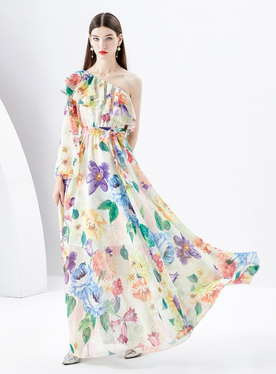 Irregular Diagonal Shoulder Chiffon Floral Dress