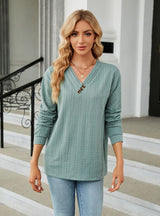 V-neck Button Loose Long Sleeve T-shirt