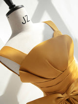 Yellow Tulle Straps Bow Pleats Prom Dress